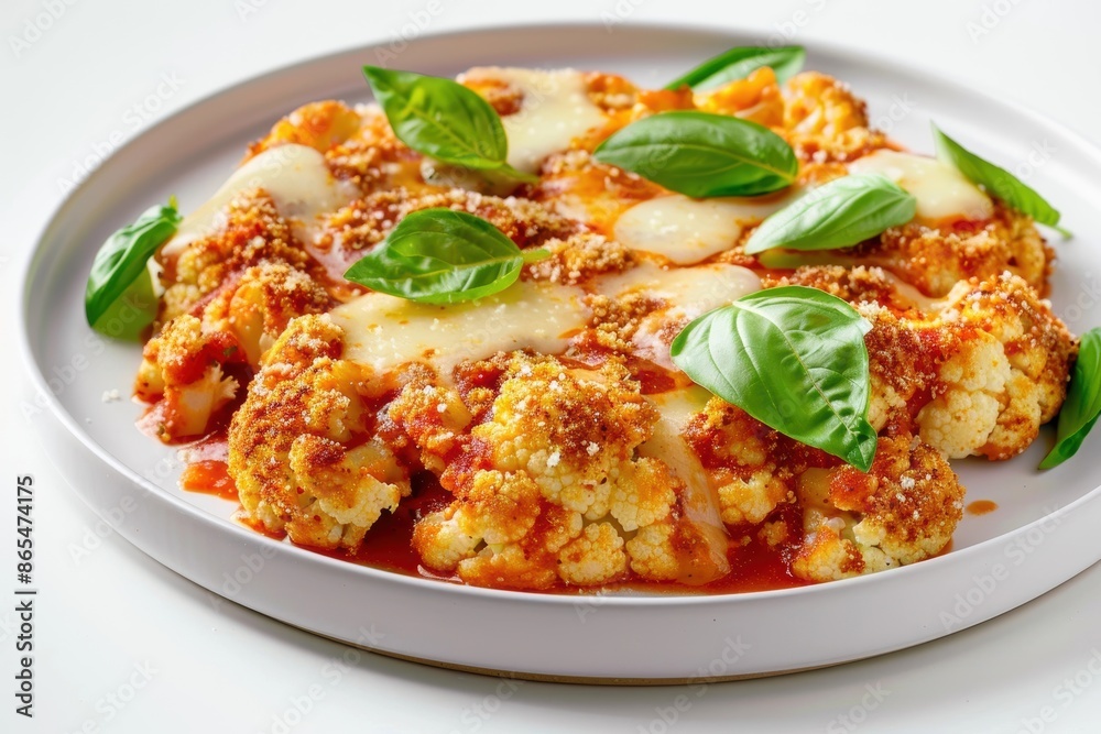 Fototapeta premium Baked Cauliflower Parmesan with Fresh Basil Leaves