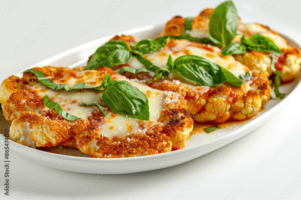 Baked Cauliflower Parmesan with Tomato Sauce and Basil Leaves Baked Cauliflower Parmesan with Tomato Sauce and Basil Leaves