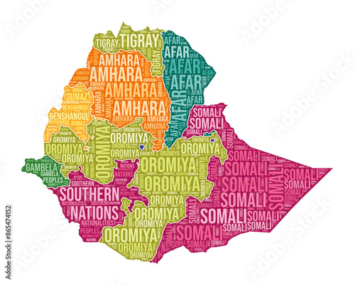 Ethiopia shape. Country word cloud with region division. Ethiopia colored illustration. Region names cloud. Vector illustration.