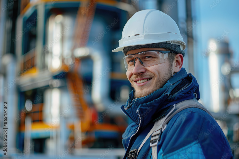 a man in a hard hat stands in front of a factory.