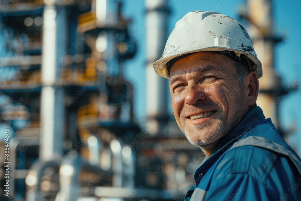 a man in a hard hat stands in front of a factory. a man in a hard hat stands in front of a factory.