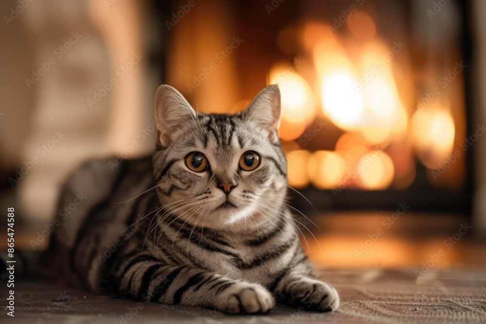 American Shorthair cat is sitting in front of the fireplace American Shorthair cat is sitting in front of the fireplace