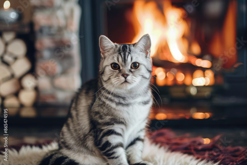 American Shorthair cat is sitting in front of the fireplace © Kitta