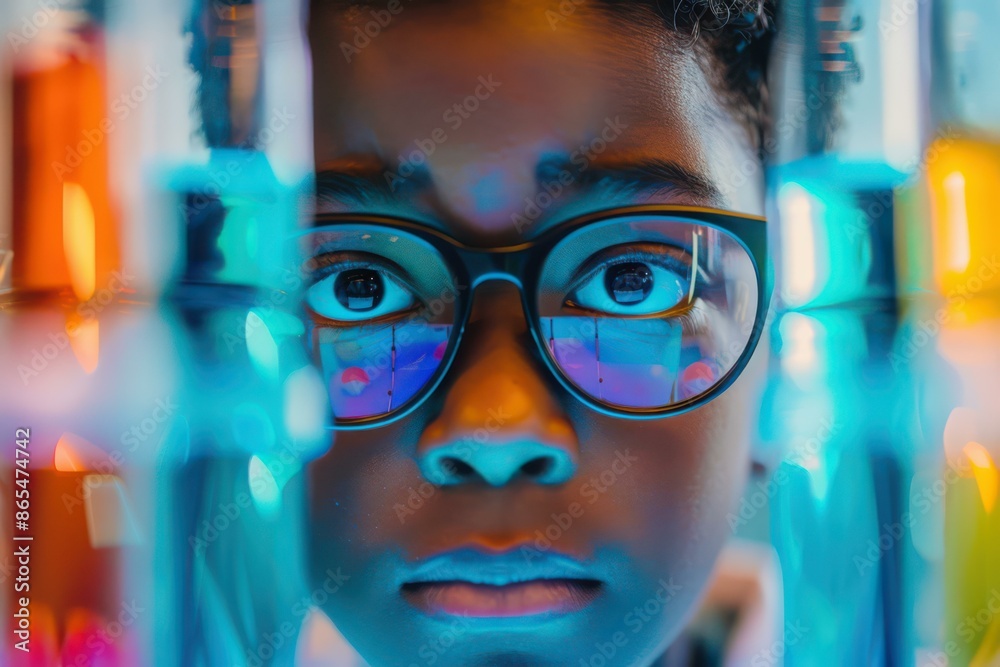 Close-up Curious Black Child Scientist with Glasses in Colorful Laboratory Setting Close-up Curious Black Child Scientist with Glasses in Colorful Laboratory Setting