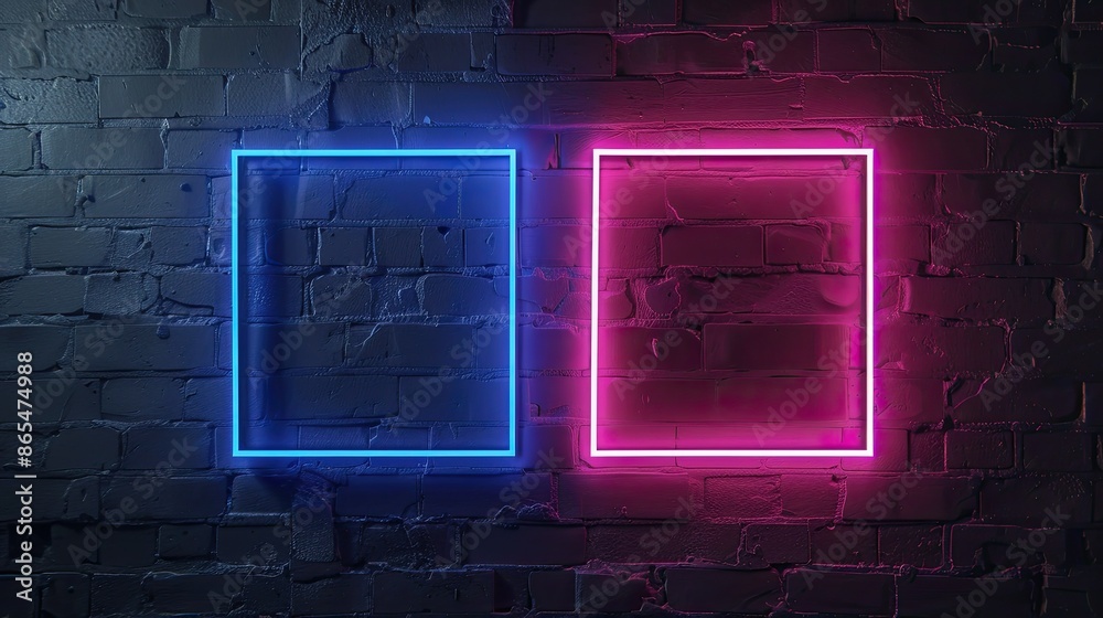 Modern two color neon lights purple and yellow With a dark brick wall background. Can be used as your background, poster and banner design