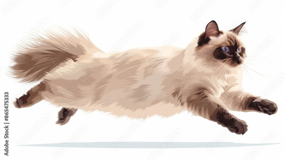 Fototapeta premium A beautiful Himalayan cat mid-leap with fluffy fur and striking blue eyes, against a clean white background in a dynamic action pose.