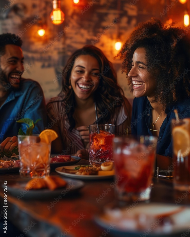 Smiling friends at a cocktail bar, each with a unique drink, sharing appetizers and stories, modern interior