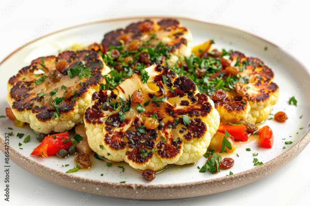 Crispy Roasted Cauliflower Steaks with Roasted Red Pepper and Golden Raisin Relish