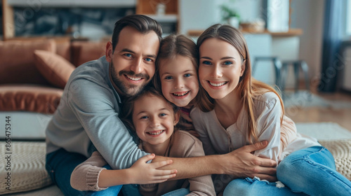 Young Caucasian family with daughter posing relaxed on floor in living room, smiling little girl kid hug embrace parents, show love and gratitude, rest at home together