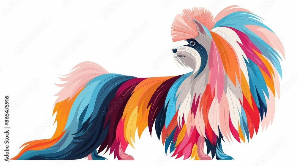 Fototapeta premium Colorful artistic illustration of a dog with a luxurious, rainbow-hued coat, featuring vibrant and dynamic design elements.