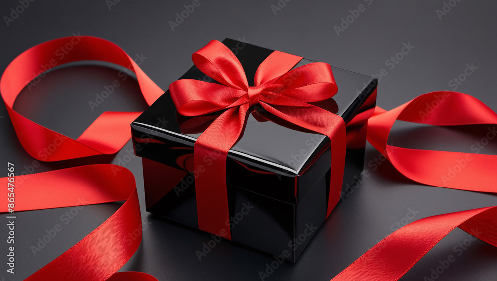 Red gift boxes with black ribbons on a black lace background. Holiday or black friday concept, Shopping cart with red gift box on black background. Black Friday concept, black gift, black friday sale Red gift boxes with black ribbons on a black lace background. Holiday or black friday concept, Shopping cart with red gift box on black background. Black Friday concept, black gift, black friday sale