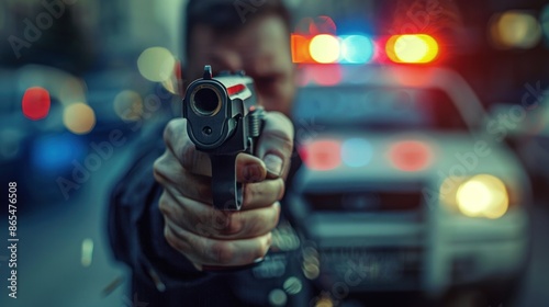 policeman shoot using a gun, closeup on blur background