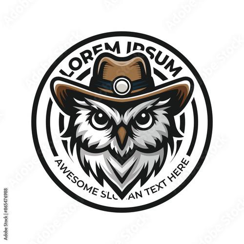 Owl mascot with hat logo illustration, owl head icon vector, classic emblem badge logo style