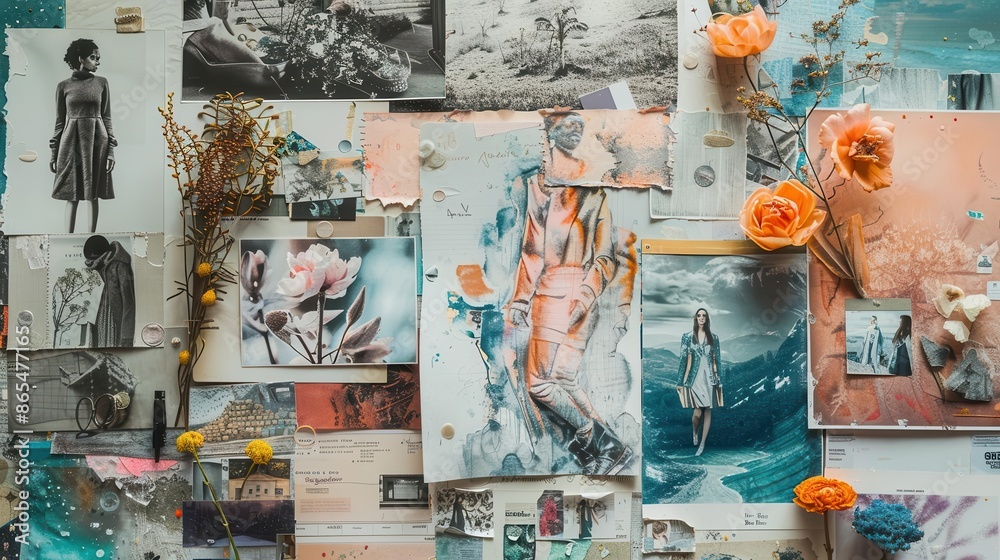 Fototapeta premium An artistic flat lay of a mood board, combining pastelhued fashion sketches, inspirational photos, and design elements, capturing the essence of creativity