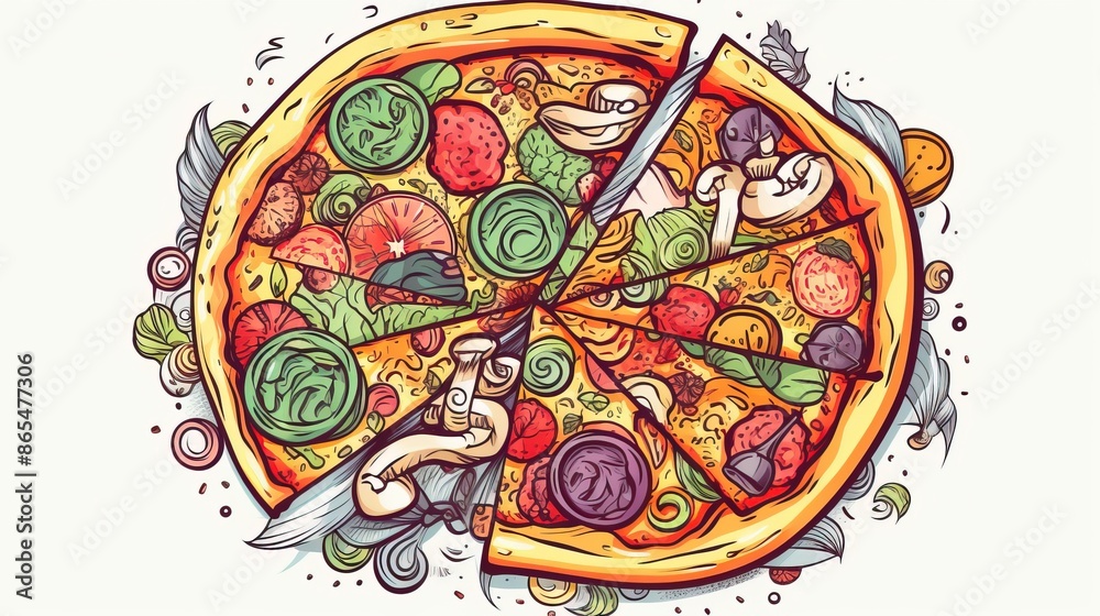Multi-colored pizza on a white background is cut into pieces, isolate, graphic contour illustration. AI generated. Multi-colored pizza on a white background is cut into pieces, isolate, graphic contour illustration. AI generated.