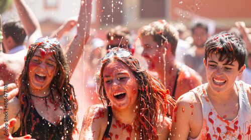 Youngsters enjoy the unique La Tomatina festival. Young people happily throw tomatoes. Traditional spirited celebration at Tomatina festival in Bunol, located in the Valencia region of Spain photo