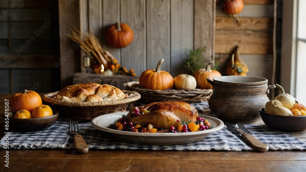 A cozy autumn dining table set with a roasted turkey, pies, pumpkins, and rustic decor, perfect for Thanksgiving or fall celebrations. A cozy autumn dining table set with a roasted turkey, pies, pumpkins, and rustic decor, perfect for Thanksgiving or fall celebrations.