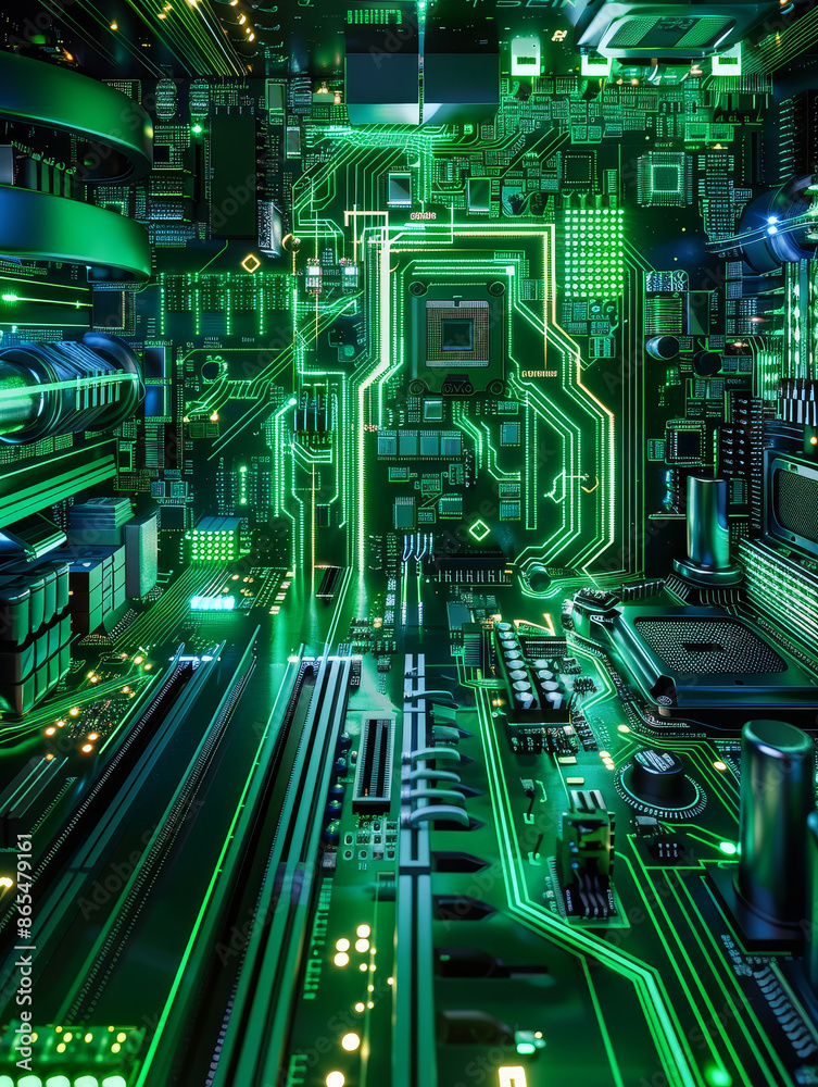 Circuit Board with Glowing Green Lines - A close-up of a circuit board with glowing green lines, showing a complex network of electronic components.