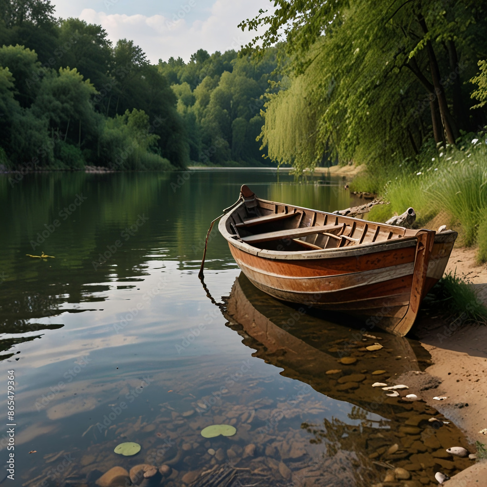 Wooden Boat on the bank of a clean river Wooden Boat on the bank of a clean river