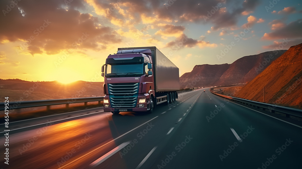 Logistics import export and cargo transportation industry concept of Container Truck runs on highway road at sunset blue sky background Logistics import export and cargo transportation industry concept of Container Truck runs on highway road at sunset blue sky background