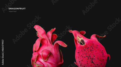 Creative layout made of pink dragonfruit on the black background. Food concept. Macro concept.