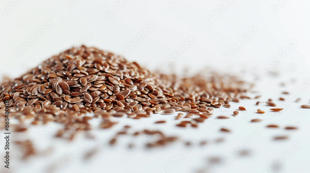 Close-up of a pile of flax seeds on a white background, highlighting texture and detail. Perfect for health, food, and nutrition-related content. Close-up of a pile of flax seeds on a white background, highlighting texture and detail. Perfect for health, food, and nutrition-related content.