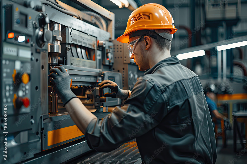 a man in a hard hat is working on a machine. a man in a hard hat is working on a machine.