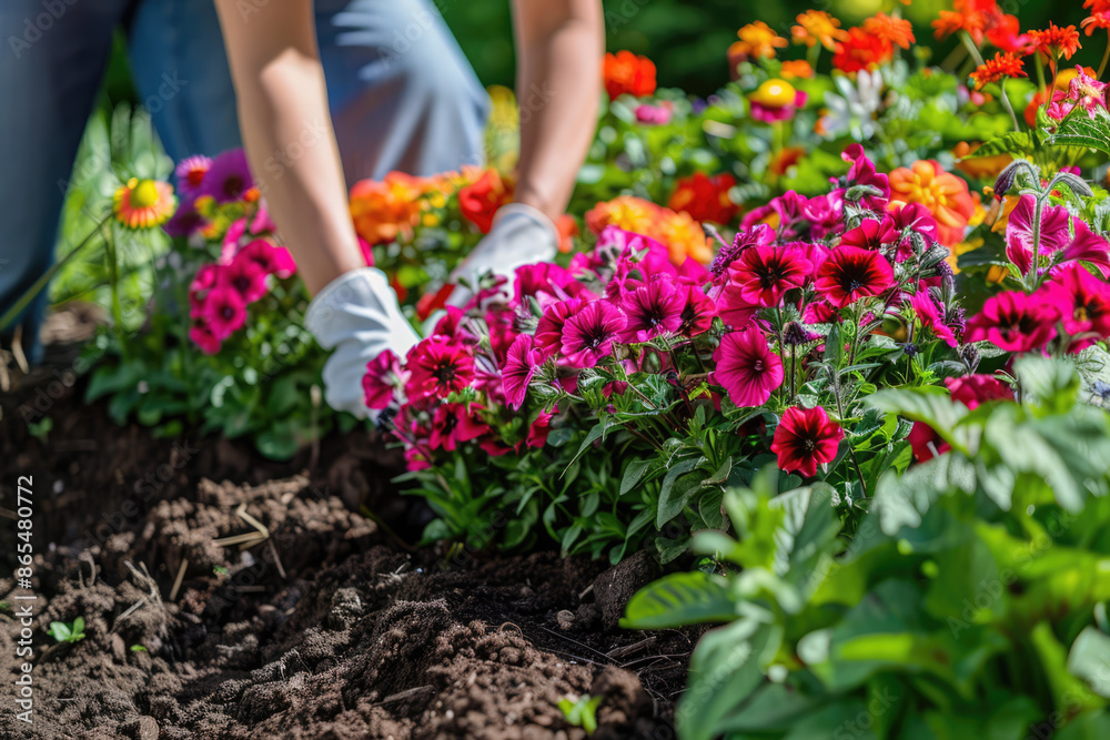a person is planting flowers in a garden with a flower a person is planting flowers in a garden with a flower