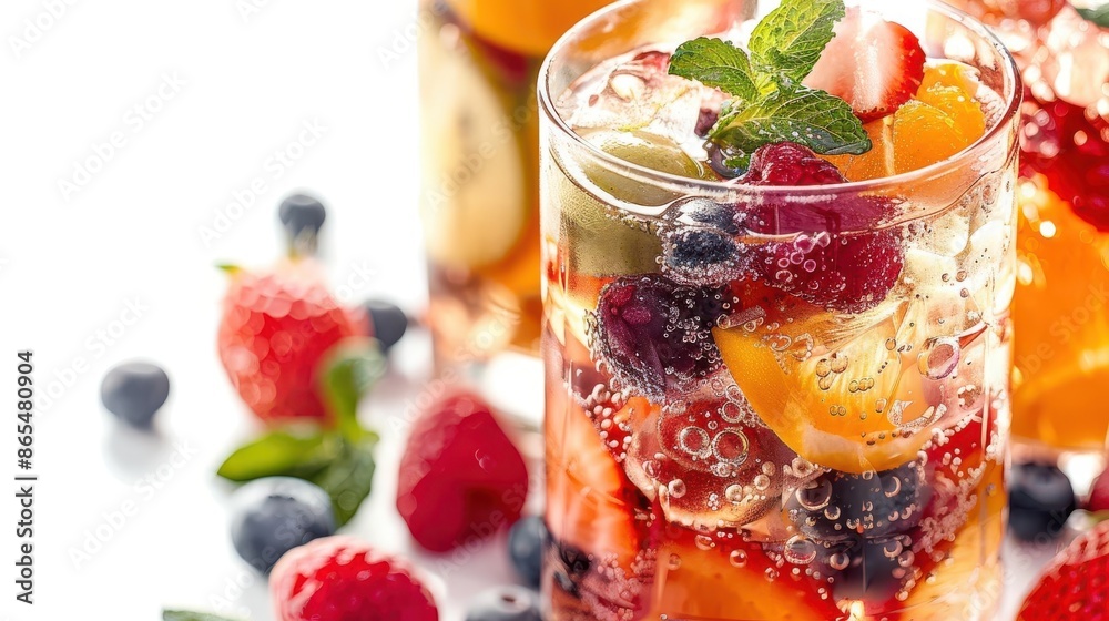 A closeup shot of a chilled wine punch glass with assorted fruits A closeup shot of a chilled wine punch glass with assorted fruits