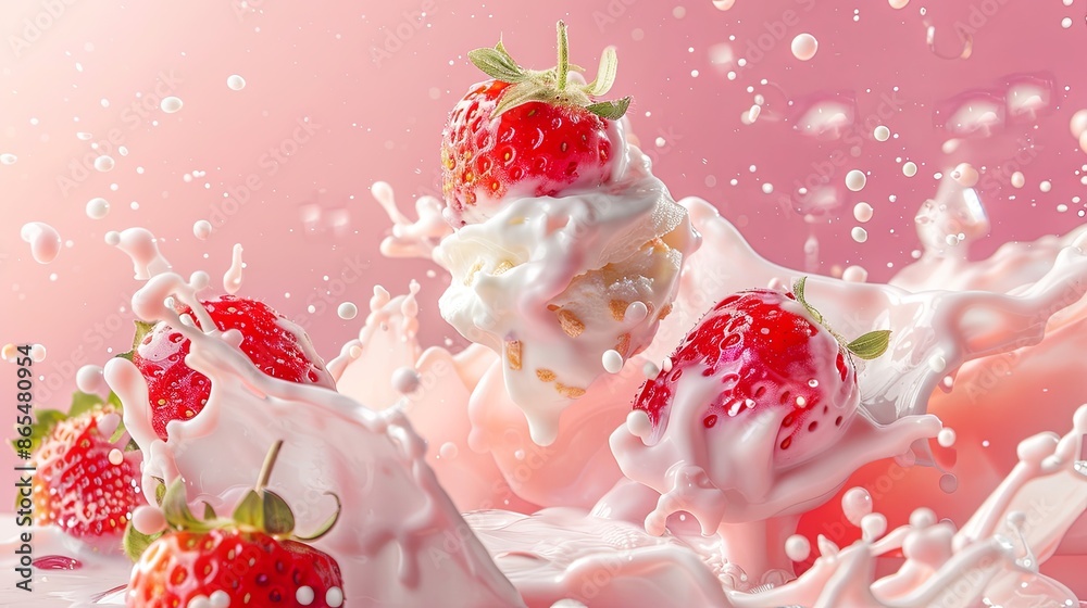A strawberry in a milk splash on an isolated pink background A strawberry in a milk splash on an isolated pink background