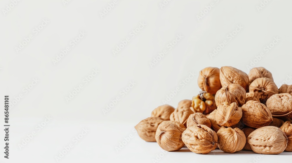 A pile of whole walnuts against a plain background, showing the texture and natural look of the nuts with a minimalist aesthetic. A pile of whole walnuts against a plain background, showing the texture and natural look of the nuts with a minimalist aesthetic.