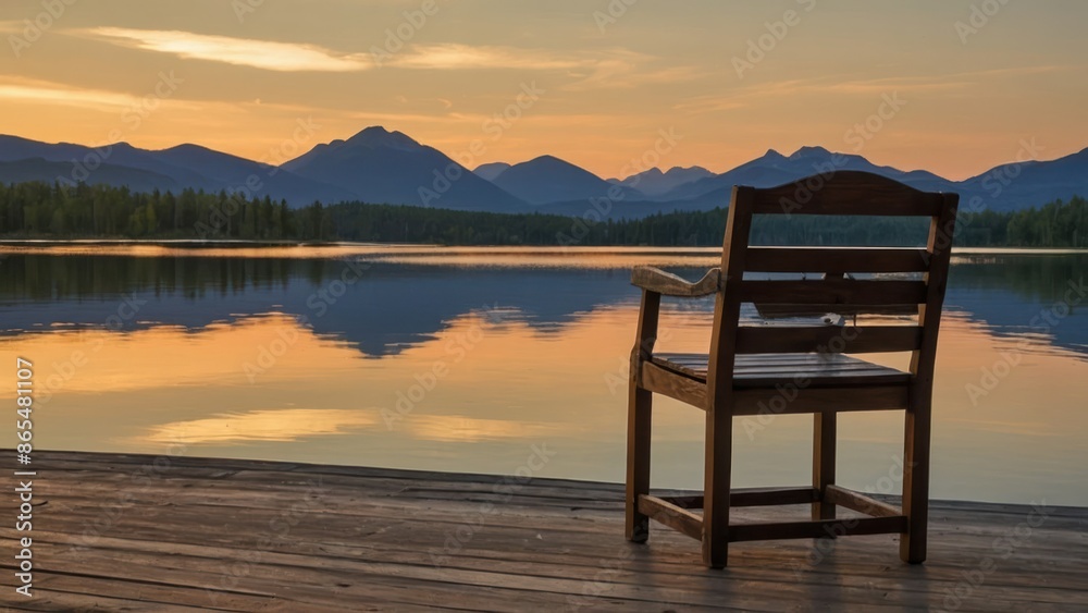 A serene lakeside scene at sunset with a wooden chair on a dock, reflecting mountains and creating a peaceful, tranquil atmosphere, perfect for relaxation. A serene lakeside scene at sunset with a wooden chair on a dock, reflecting mountains and creating a peaceful, tranquil atmosphere, perfect for relaxation.