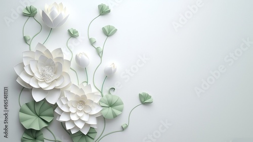  lotus flower paper cut style on a white background with copy space area with lotus flowers, leaves and vines