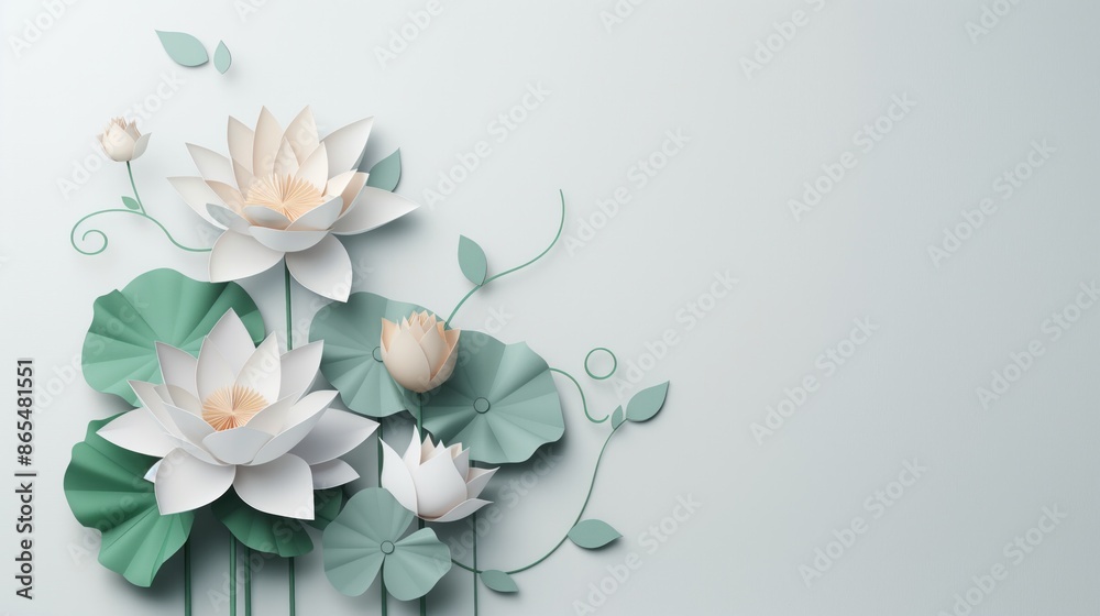  lotus flower paper cut style on a white background with copy space area with lotus flowers, leaves and vines