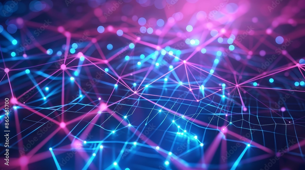 Abstract Network with Glowing Lines and Dots - A digital illustration with abstract lines and dots that form a network. The colors are vibrant pink and blue. Abstract Network with Glowing Lines and Dots - A digital illustration with abstract lines and dots that form a network. The colors are vibrant pink and blue.
