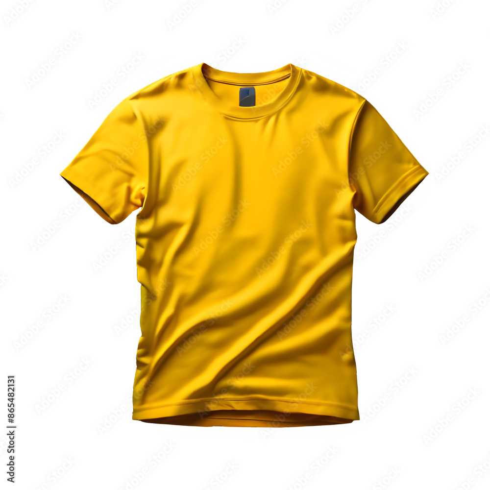 Sunny top view of a yellow t-shirt, isolated on white, transparent. Vibrant apparel photography showcasing casual fashion.