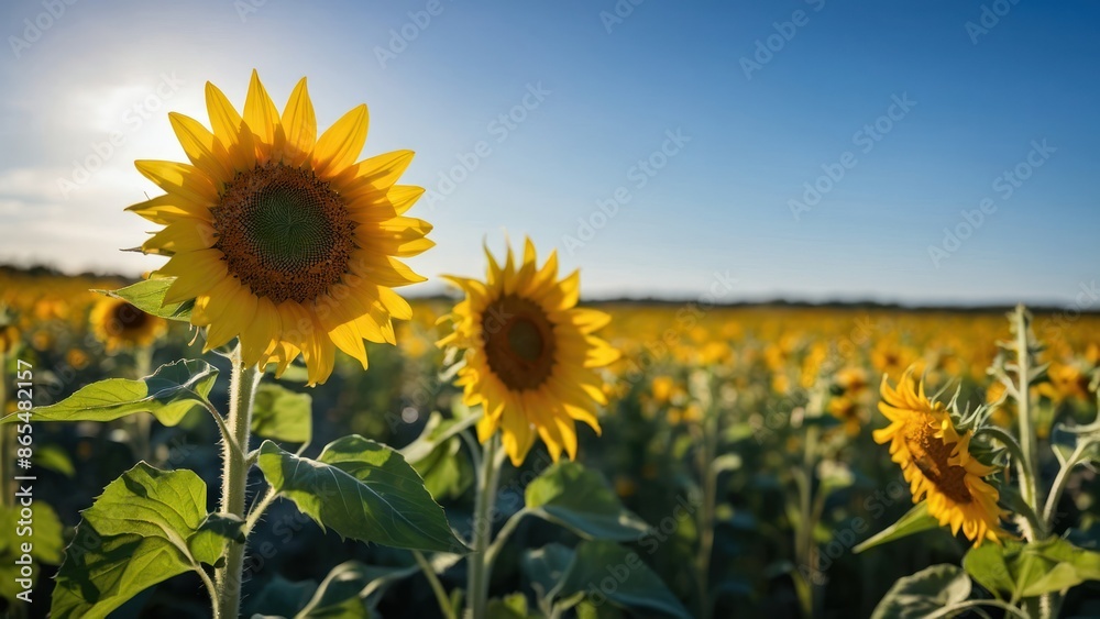 Fototapeta premium Vibrant sunflowers blooming in a sunny field under a clear blue sky, perfect for themes of nature, summer, agriculture, and rural serenity.