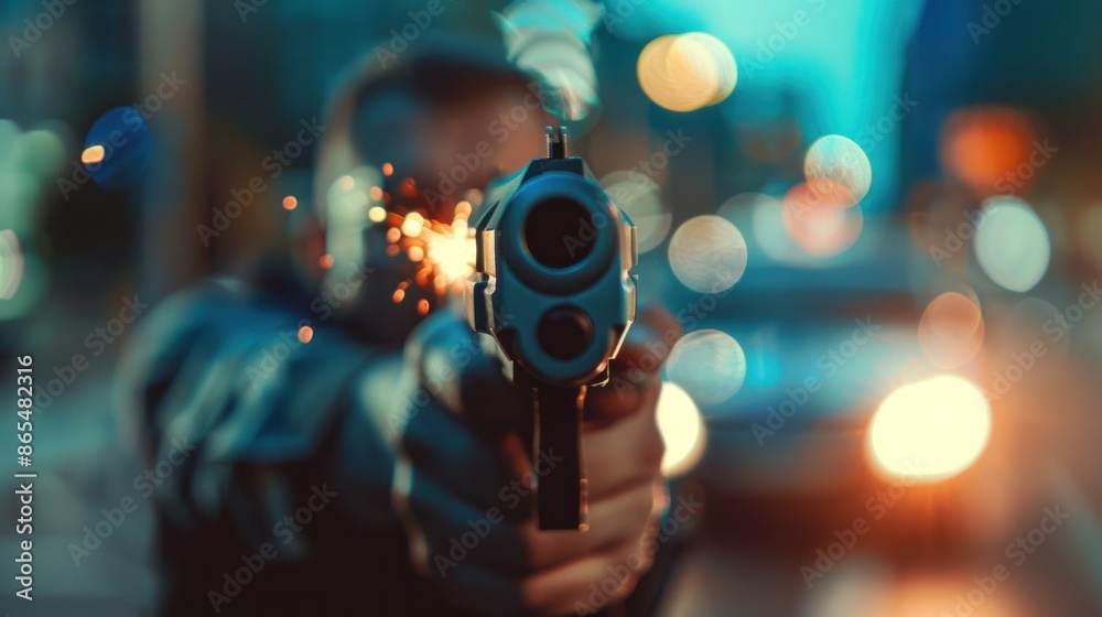 policeman shoot using a gun, closeup on blur background policeman shoot using a gun, closeup on blur background