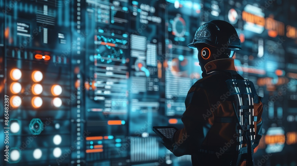 Futuristic Worker Reviewing Data on a Digital Wall - A worker in a futuristic suit looks at a wall of glowing digital data. Futuristic Worker Reviewing Data on a Digital Wall - A worker in a futuristic suit looks at a wall of glowing digital data.
