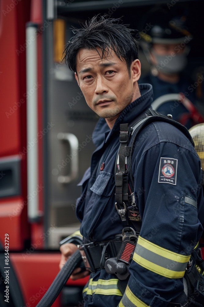 Portrait of a Japanese firefighter holding a fire hose in front of a fire truck at a fire station, high quality photo, photorealistic, studio lighting, confident expression Portrait of a Japanese firefighter holding a fire hose in front of a fire truck at a fire station, high quality photo, photorealistic, studio lighting, confident expression