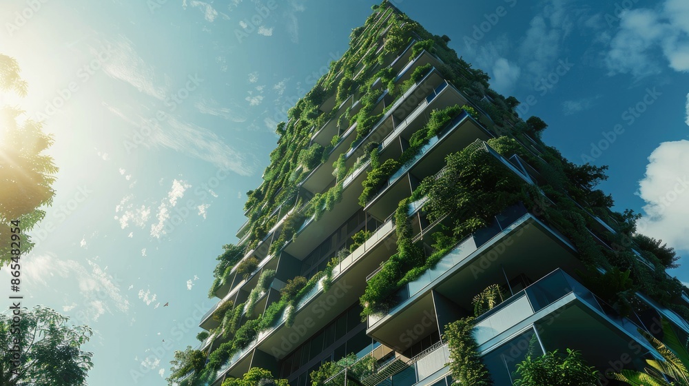 Tall building with a lot of greenery on it. The building is surrounded by trees and has a lot of plants growing on it. The sky is blue and there are some clouds in the background Tall building with a lot of greenery on it. The building is surrounded by trees and has a lot of plants growing on it. The sky is blue and there are some clouds in the background