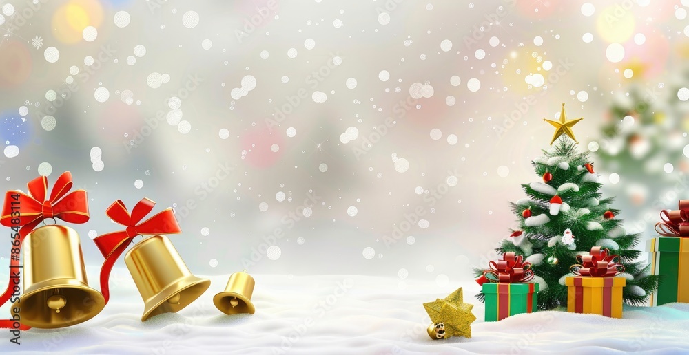 Merry christmas greeting with bells ribbon bow and green Christmas tree next to gift boxes on a colorful background, copy space for text Christmas greeting card. Merry Christmas attractive background Merry christmas greeting with bells ribbon bow and green Christmas tree next to gift boxes on a colorful background, copy space for text Christmas greeting card. Merry Christmas attractive background