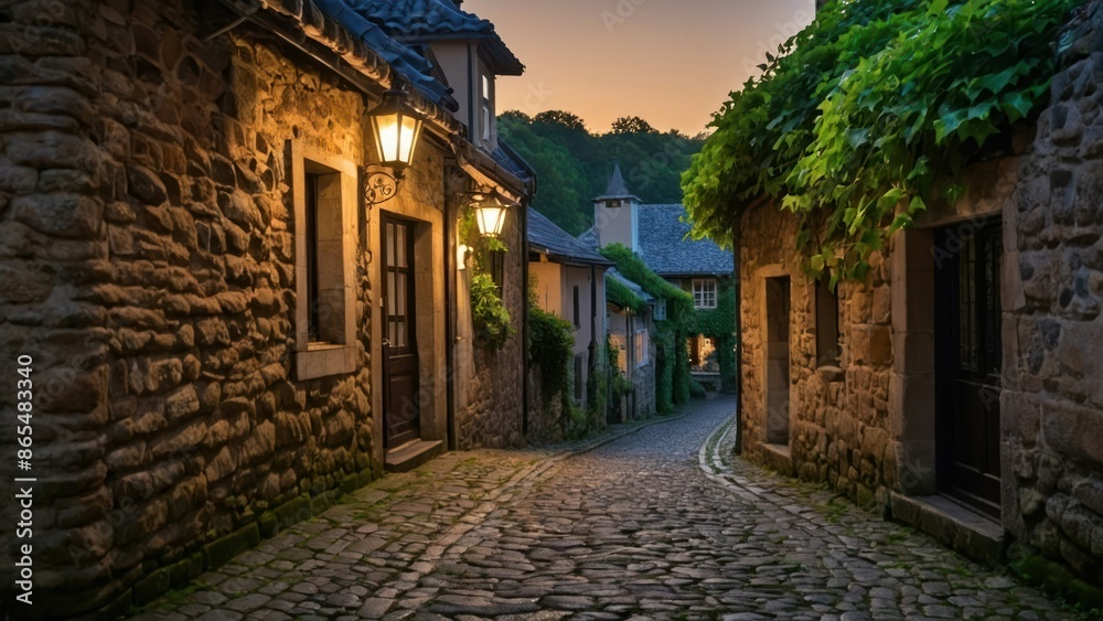 Fototapeta premium A picturesque cobblestone street in a tranquil village with charming stone houses, illuminated street lamps, and lush greenery, perfect for a peaceful evening stroll.