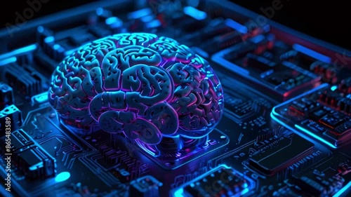 A glowing blue and purple brain sits on a circuit board. photo