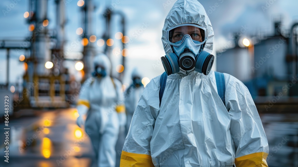Chemical accident on a modern industrial site, specialists in full hazard gear assessing damage. surrounded by tall structures and machinery. Chemical accident on a modern industrial site, specialists in full hazard gear assessing damage. surrounded by tall structures and machinery.