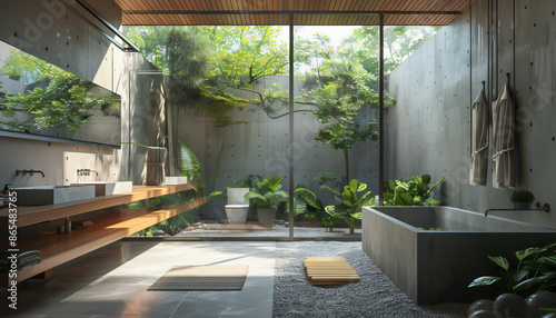 Interior moderno de banheiro com paredes de concreto, bancada de madeira e teto de vidro que permite a entrada de luz natural através de uma janela panorâmica. O design moderno