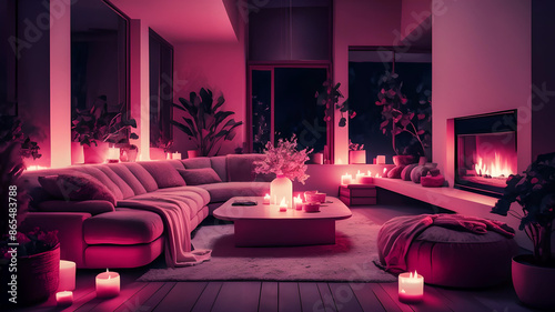 Cozy modern living room adorned with soft, ambient lighting and minimalist décor. The space features strategically placed plants and flickering candles, creating a serene and inviting atmosphere. photo