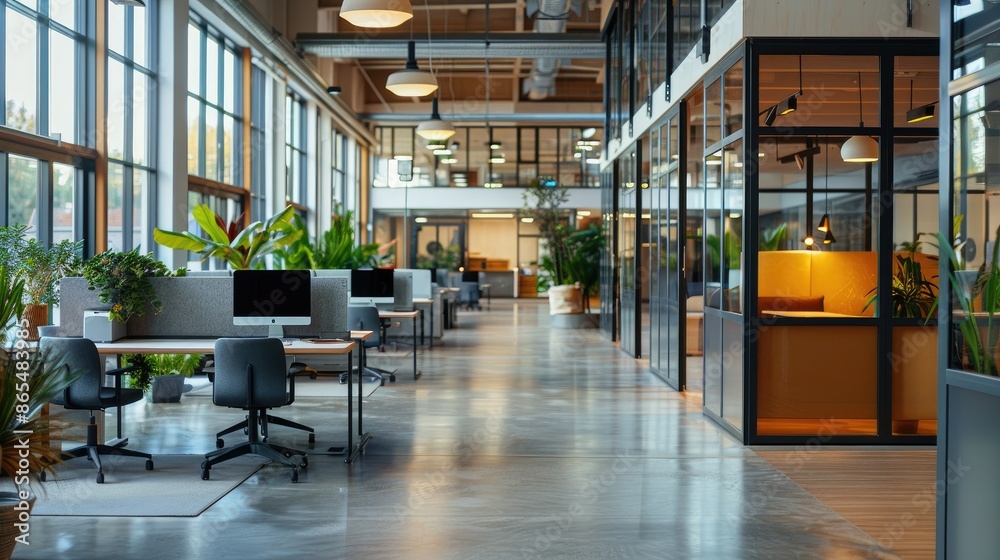 A large open office space with many desks and chairs. The room is filled with plants and has a modern, clean look A large open office space with many desks and chairs. The room is filled with plants and has a modern, clean look