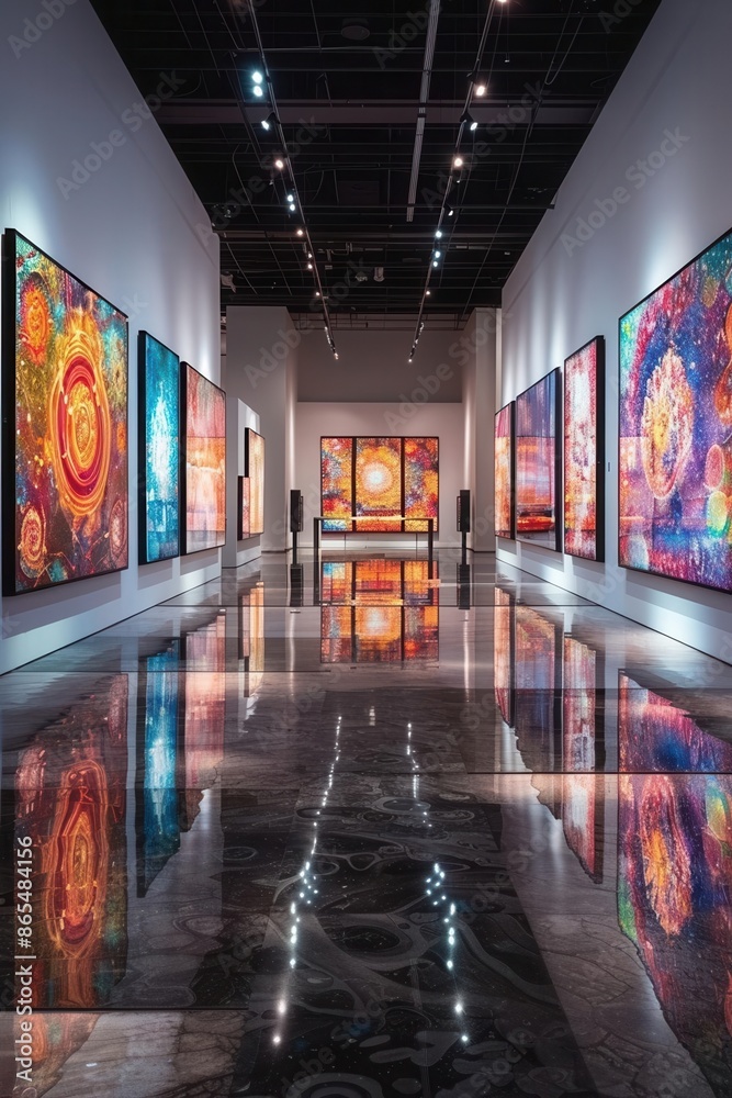 Modern art gallery setting with multiple TV screens mounted on the walls Modern art gallery setting with multiple TV screens mounted on the walls