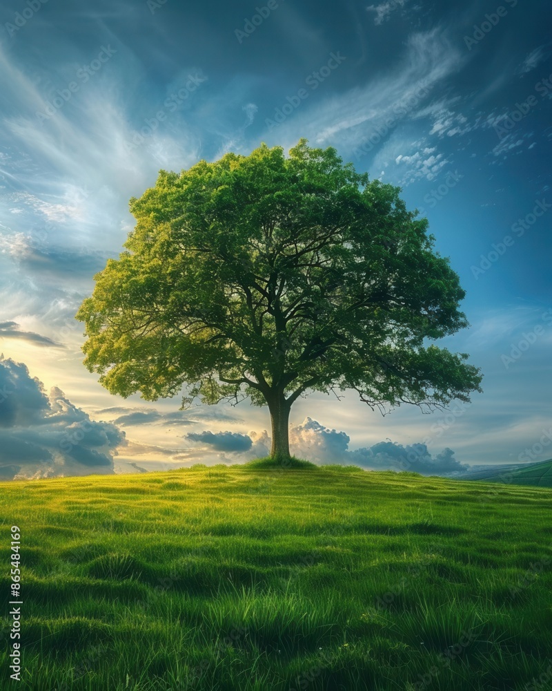Arbol solitario en un prado verde, cielo despejado, espacio para texto en la parte superior, luz natural Arbol solitario en un prado verde, cielo despejado, espacio para texto en la parte superior, luz natural